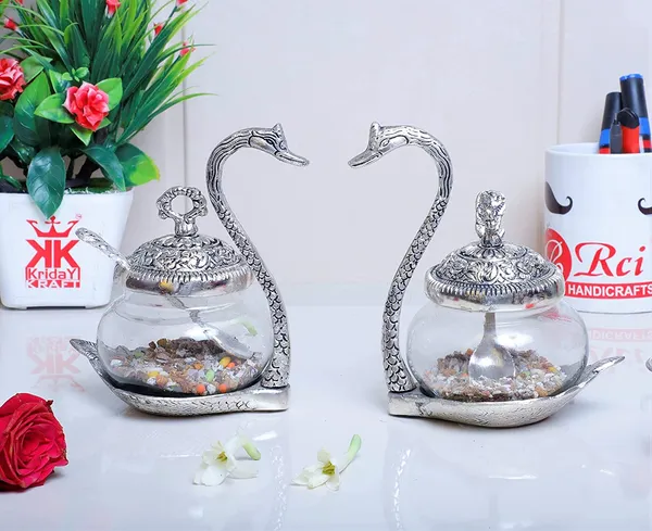 _Metal_Kissing_Swan_(Duck)_Glass_Bowl_with_Spoon_for_Saunf_Supari_Tray,_Dry_Fruit_and_Candy,Mukhwas_Traditional_Serving_Bowl_Set,Pack_of_2