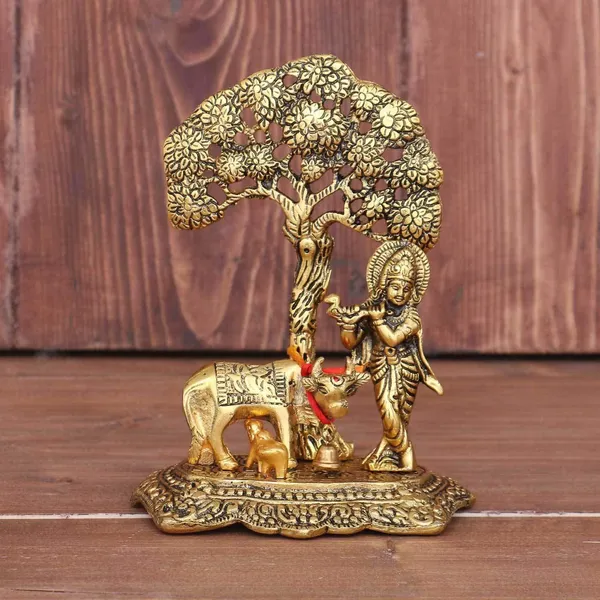 Kamdhenu_Cow_With_Krishna_Standing_Under_Tree_Plying_Flute_Metal_Statue