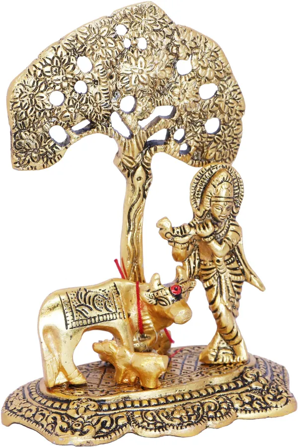 Kamdhenu_Cow_With_Krishna_Standing_Under_Tree_Plying_Flute_Metal_Statue