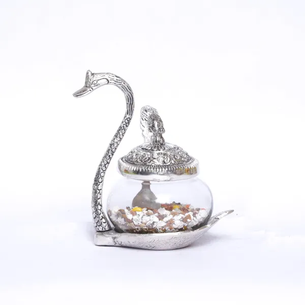 _Aluminium_swan_Duck_with_Transparent_Glass_Bowl_Set_with_Spoon_and_lid_(11_x_15_x_11_cm,_Silver)