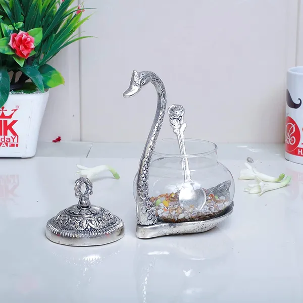 _Aluminium_swan_Duck_with_Transparent_Glass_Bowl_Set_with_Spoon_and_lid_(11_x_15_x_11_cm,_Silver)