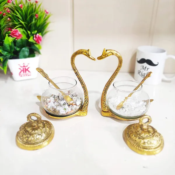 _Metal_Classic_Kissing_Duck_Glass_Bowl_with_Spoon_for_Saunf_Supari_Tray,_Dry_Fruit_and_Candy_Animal_Showpiece_Serving_Bowl_Set_(Transparent)_-_Set_of_2