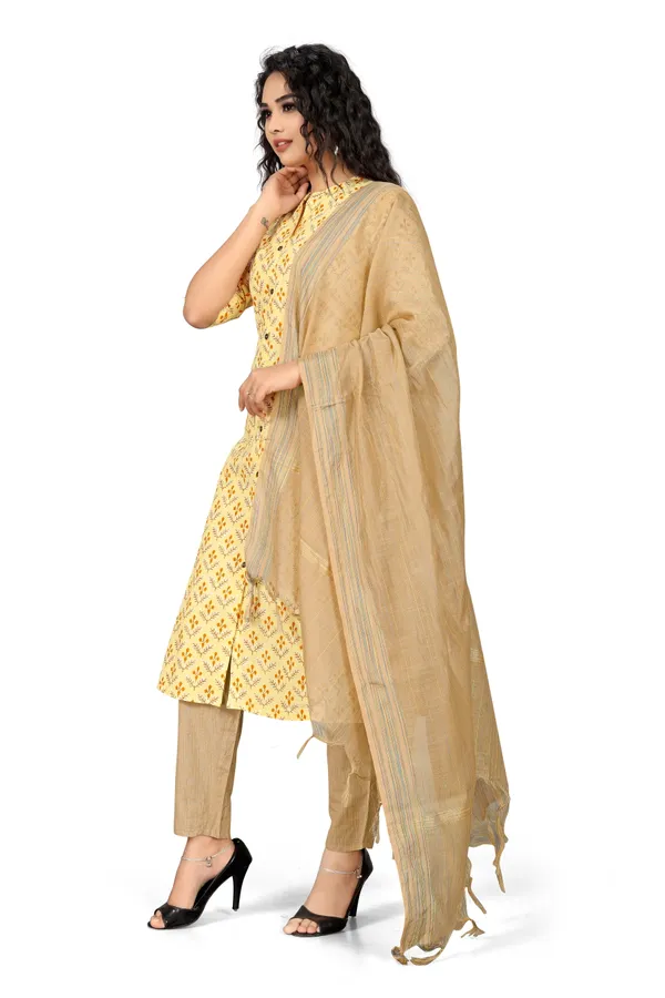 Indian_Women_Mustard_Pure_Cotton_Printed__Kurta_with_Trousers