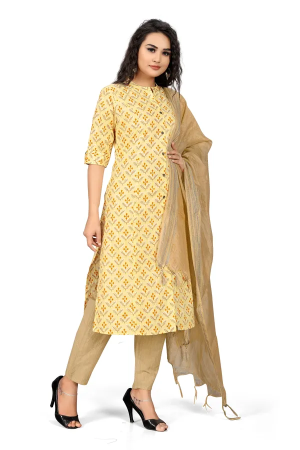 Indian_Women_Mustard_Pure_Cotton_Printed__Kurta_with_Trousers