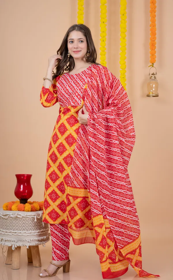Red_Orange_Cotton_60*60_Three_Fourth_Sleeves_Printed_Kurti_Pant_Dupatta_Set_For_Women