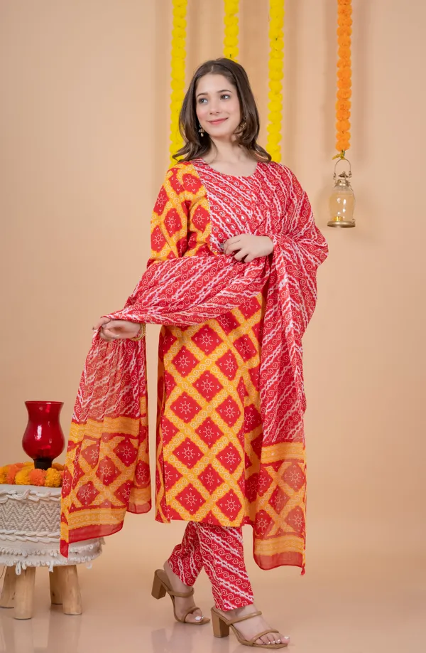 Red_Orange_Cotton_60*60_Three_Fourth_Sleeves_Printed_Kurti_Pant_Dupatta_Set_For_Women