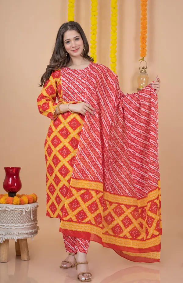 Red_Orange_Cotton_60*60_Three_Fourth_Sleeves_Printed_Kurti_Pant_Dupatta_Set_For_Women