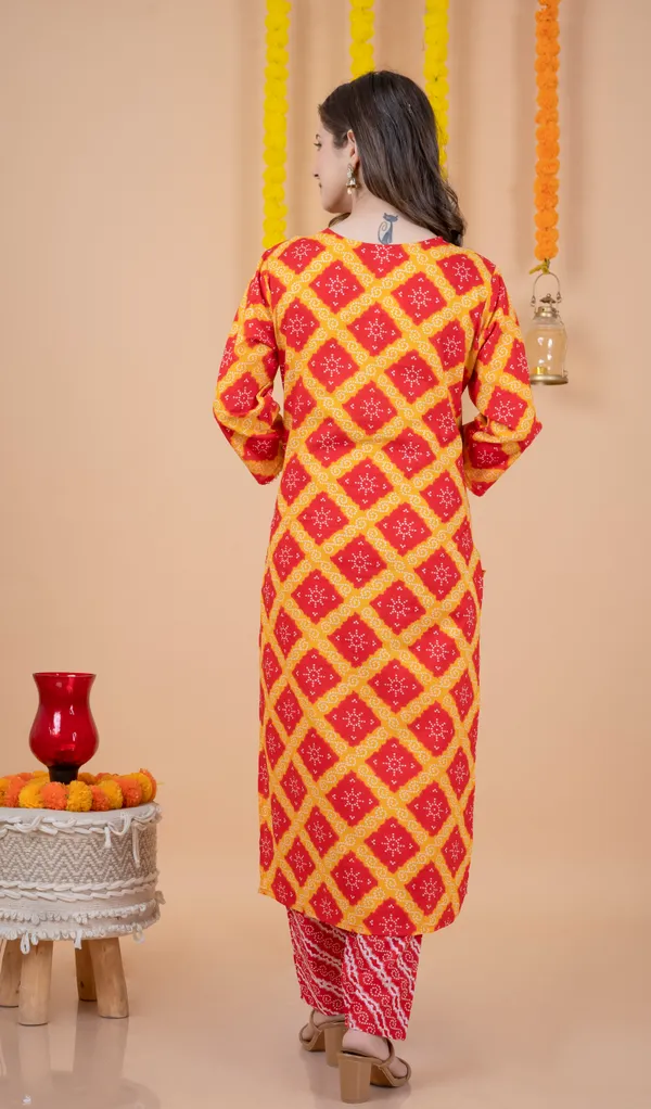 Red_Orange_Cotton_60*60_Three_Fourth_Sleeves_Printed_Kurti_Pant_Dupatta_Set_For_Women