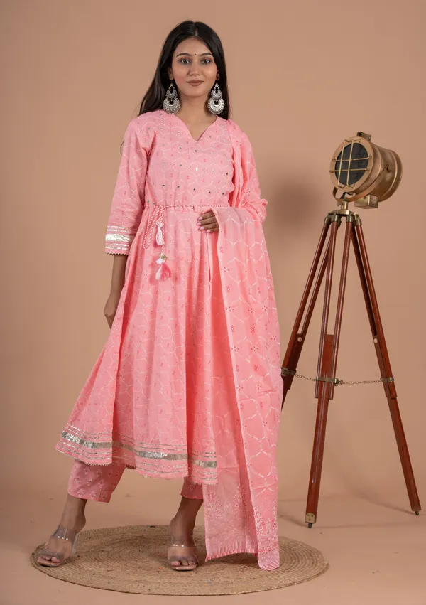 Pink_Cotton_60*60_Three_Fourth_Sleeves_Printed_Kurti_Pant_Dupatta_Set_For_Women