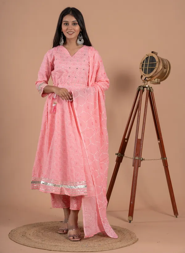 Pink_Cotton_60*60_Three_Fourth_Sleeves_Printed_Kurti_Pant_Dupatta_Set_For_Women