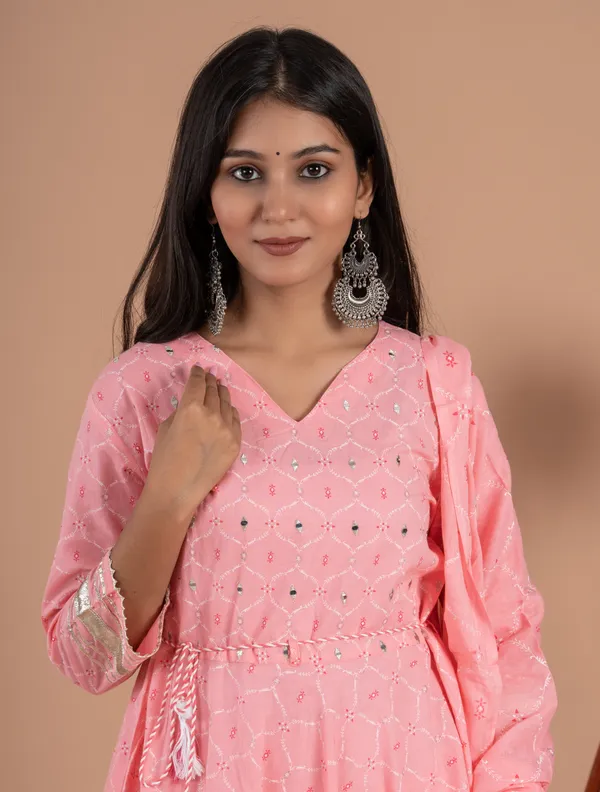 Pink_Cotton_60*60_Three_Fourth_Sleeves_Printed_Kurti_Pant_Dupatta_Set_For_Women