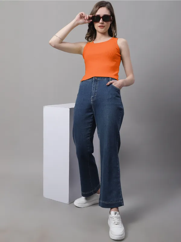 Orange_Cotton_Rib_Round_Neck_Crop_Top_For_Women