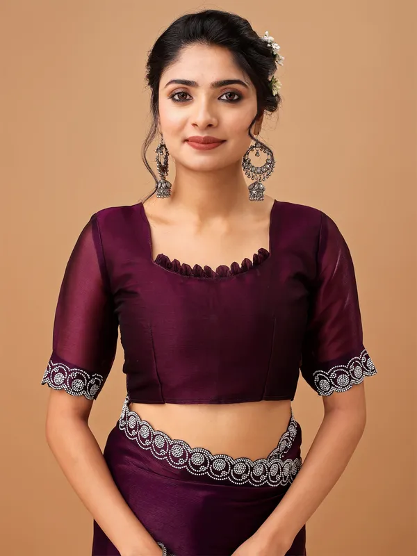 Wine_Jimmy_Choo_Satin_Saree_With_Unstitched_Blouse_For_Women