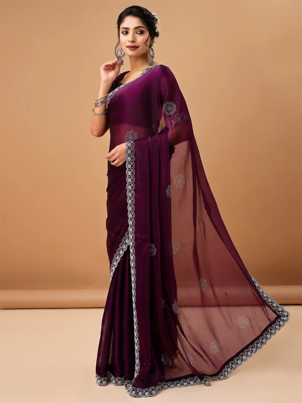 Wine_Jimmy_Choo_Satin_Saree_With_Unstitched_Blouse_For_Women