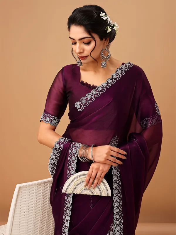 Wine_Jimmy_Choo_Satin_Saree_With_Unstitched_Blouse_For_Women