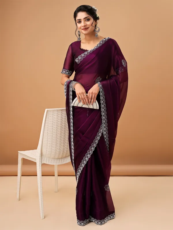 Wine_Jimmy_Choo_Satin_Saree_With_Unstitched_Blouse_For_Women