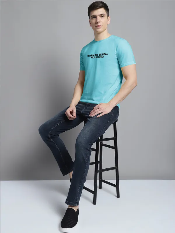 Turquoise_Blue_Cotton_Born_To_Be_Real_Print_Round_Neck_T-Shirt_For_Men