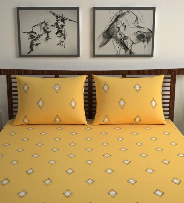 Sprectra_Yellow_Pure_Cotton_Abstract_Pattern_Double_Bed_Sheet_With_2_Pillow_Covers