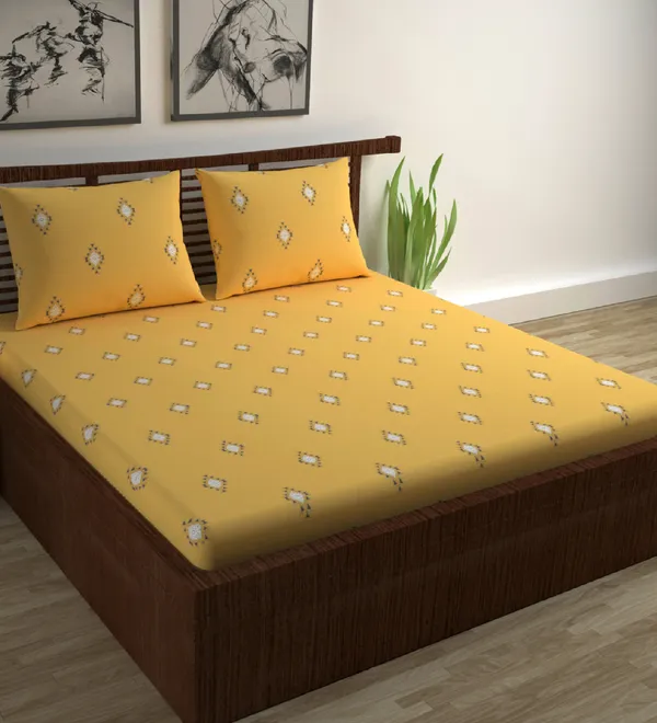 Sprectra_Yellow_Pure_Cotton_Abstract_Pattern_Double_Bed_Sheet_With_2_Pillow_Covers