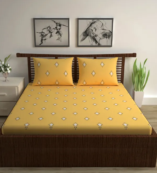 Sprectra_Yellow_Pure_Cotton_Abstract_Pattern_Double_Bed_Sheet_With_2_Pillow_Covers