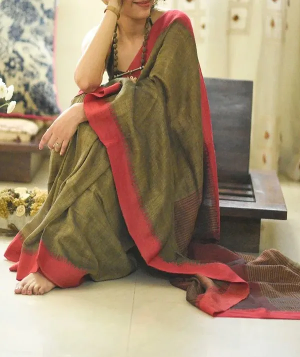 Green_Colour_Linen_Saree_(With_Unstitched_Blouse_Piece)_(For_Women)