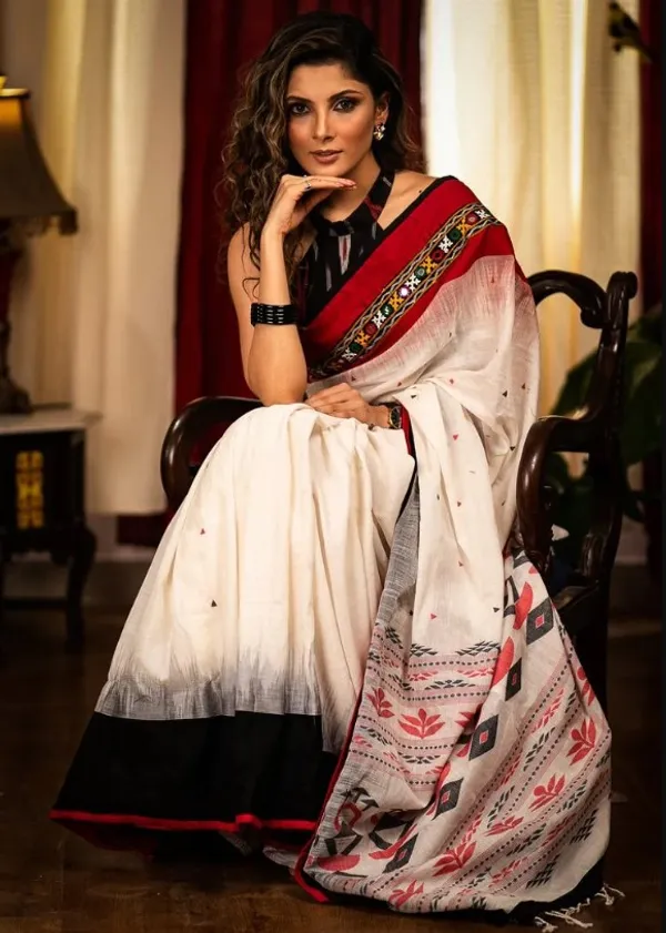 White_Colour_Linen_Saree_(With_Unstitched_Blouse_Piece)_(For_Women)