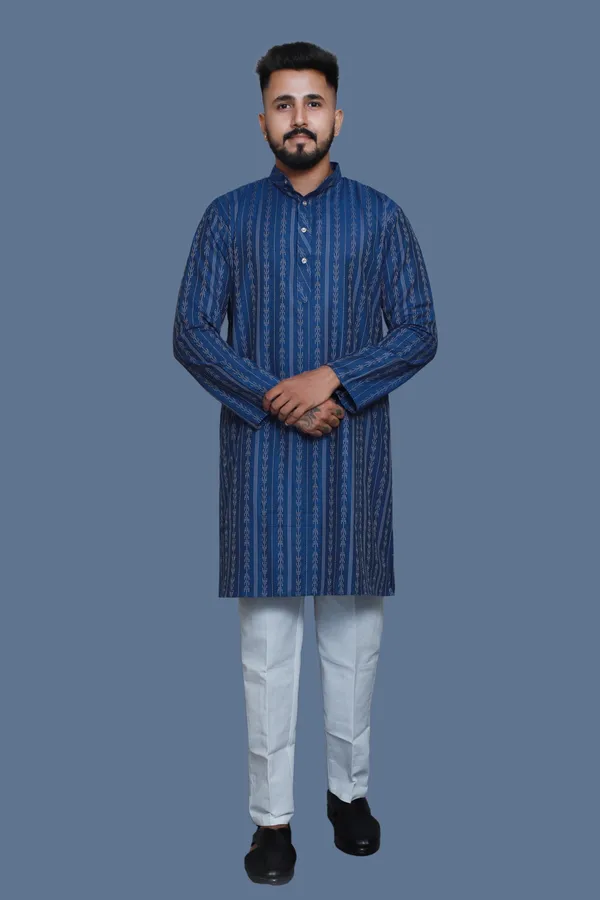 Teal_Blue_Cotton_Blend_Golden_Embroidery_Kurta-Pant_Set