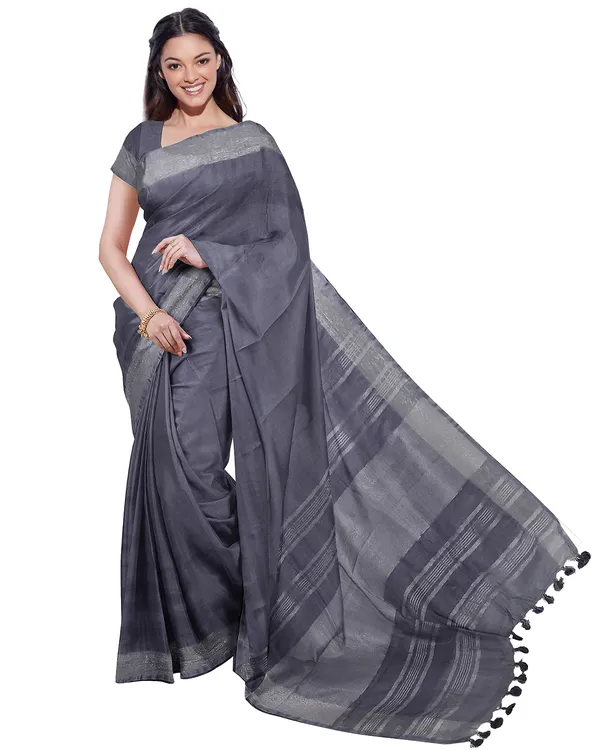 Grey_&_Moss_Green_women's_Bhagalpuri_Handloom_Cotton-Linen_Blend_Saree_Combo_(Pack_Of_2)_With_Running_Unstiched_Blouse_Piece