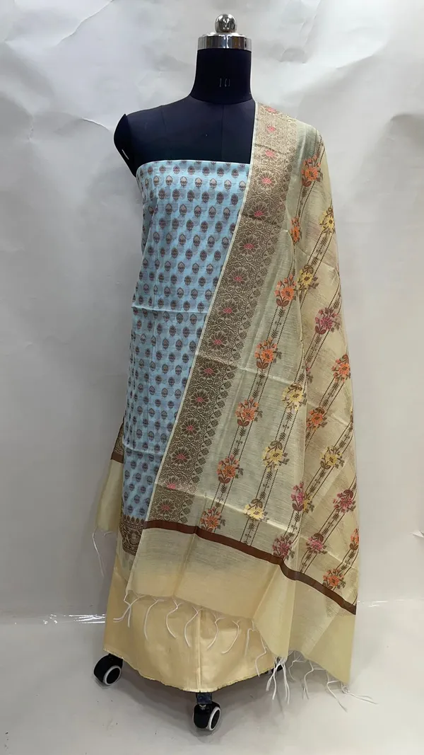Humairah_Present_Sky_Blue__Cotton_Resham_Copper_Zari_3pcs_Suit_Set_accompanied_with_Plain_Bottom_and_Top_Copper_Zari_Booti_with_Yellow_Floral_Stripe_Dupatta