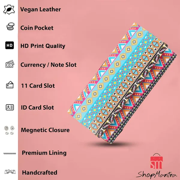 Women'S_Wallet_Unique_Print_Clutch_Vegan_Leather_11_Cards_1_Id_Slot_2_Notes_And_1_Coin_Compartment_Key_Holder_Magnetic_Closure_Ethnic_Pattern