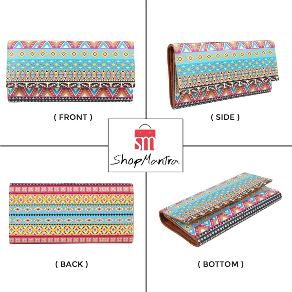 Women'S_Wallet_Unique_Print_Clutch_Vegan_Leather_11_Cards_1_Id_Slot_2_Notes_And_1_Coin_Compartment_Key_Holder_Magnetic_Closure_Ethnic_Pattern