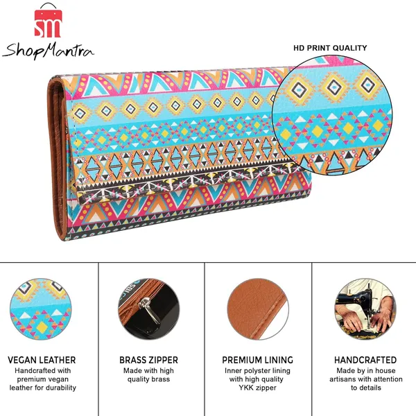 Women'S_Wallet_Unique_Print_Clutch_Vegan_Leather_11_Cards_1_Id_Slot_2_Notes_And_1_Coin_Compartment_Key_Holder_Magnetic_Closure_Ethnic_Pattern