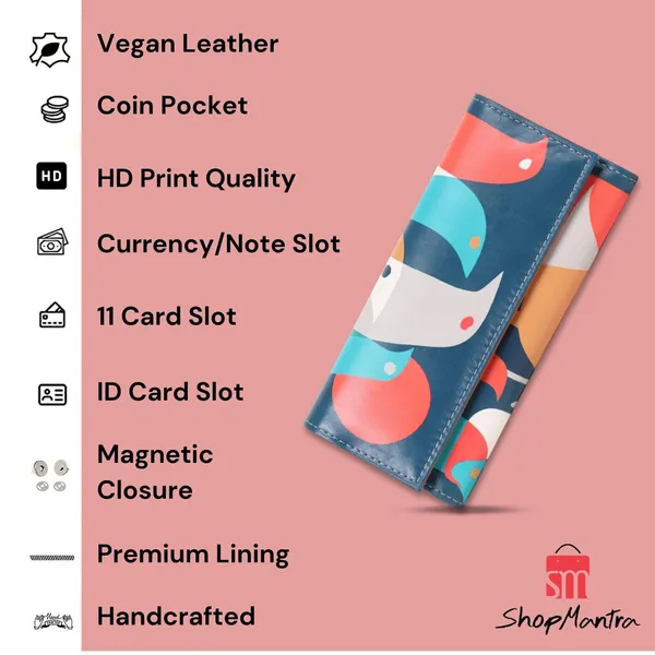 Wallet_For_Women'S_Clutch_Vegan_Leather_11_Cards_1_Id_Slot_2_Notes_&_1_Coin_Compartment_Magnetic_Closure_Flock_Of_Birds_Pattern.
