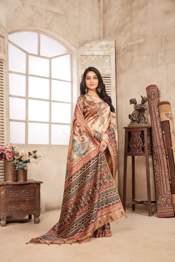 Multicolor_Bamboo_Silk_Plain_Weaved_Fancy_Party_Wear_Saree_With_Blouse