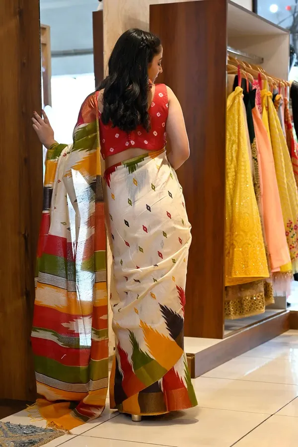 White_Ikat_Block_Print_Saree_With_Contrast_Border_With_Blouse_Piece
