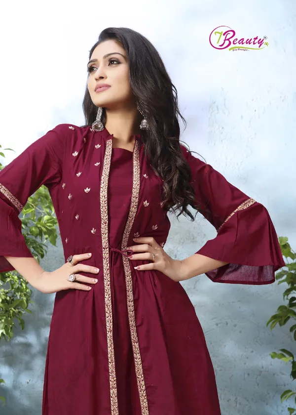 Maroon_Designer_Kurti_With_Stylish_Shrug