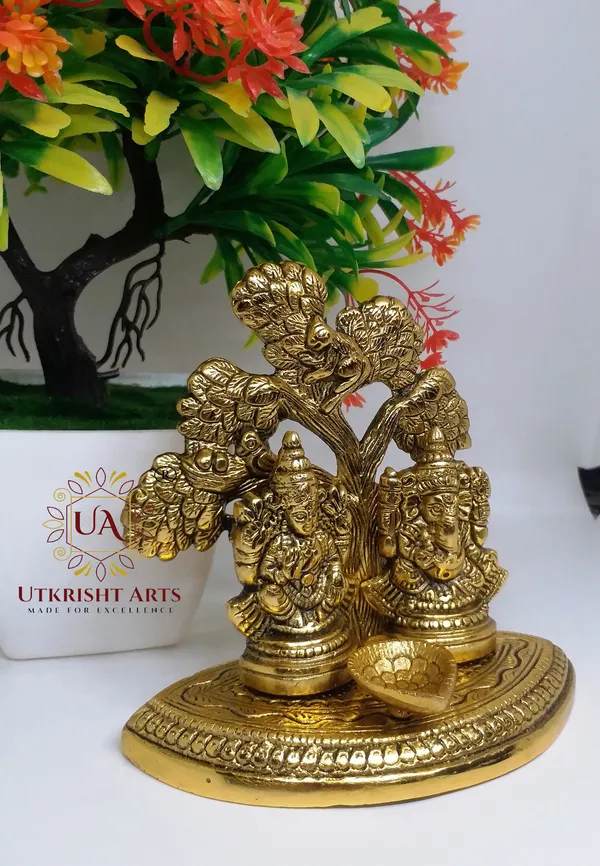 Gold_Plated_Lakshmi_Ganesha_Tree_Statue_Idol_with_Diya_for_Puja_Room_/_Laxmi_Ganesh_murti_with_Diya_Home_Temple_Decorative_Showpiece