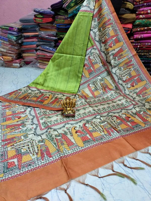 Lawn_Green_Ghicha_Silk_Madhubani_Saree
