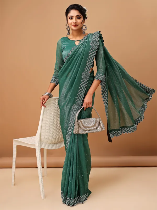 Green_Jimmy_Choo_Satin_Saree_With_Unstitched_Blouse_For_Women