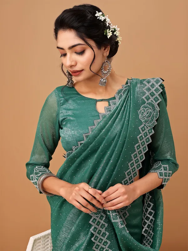 Green_Jimmy_Choo_Satin_Saree_With_Unstitched_Blouse_For_Women