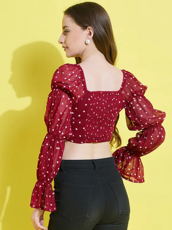 White_&_Red_Georgette_Casual_Printed_Square_Neck_Regular_Fit_Top_For_Women