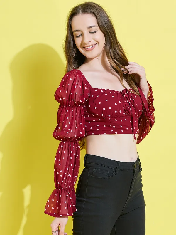 White_&_Red_Georgette_Casual_Printed_Square_Neck_Regular_Fit_Top_For_Women