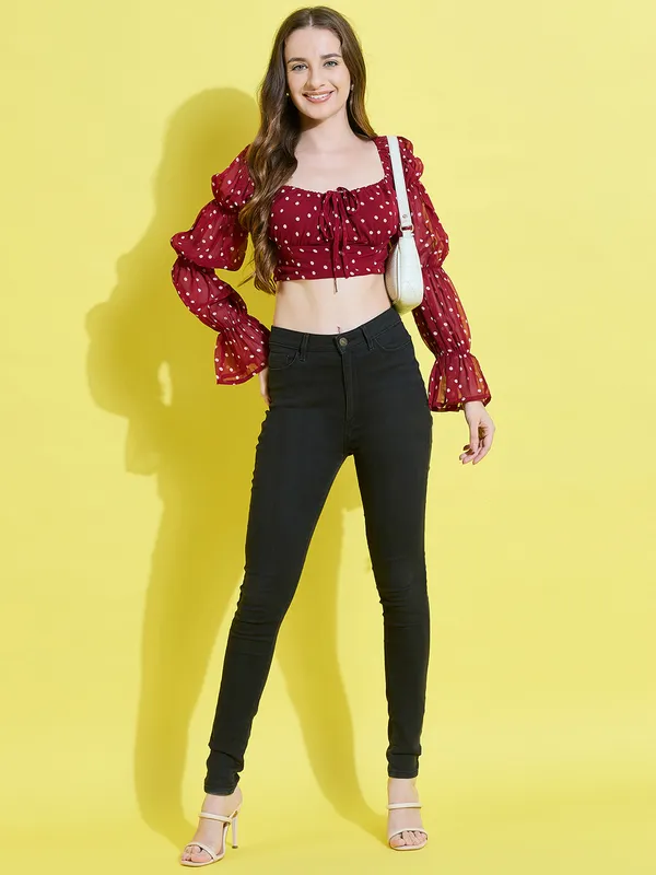 White_&_Red_Georgette_Casual_Printed_Square_Neck_Regular_Fit_Top_For_Women