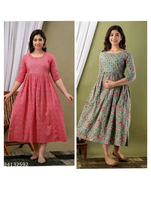 Leaves_flower__Cotton_Printed_Maternity_And_Feeding_Kurti_Combo_Of_2