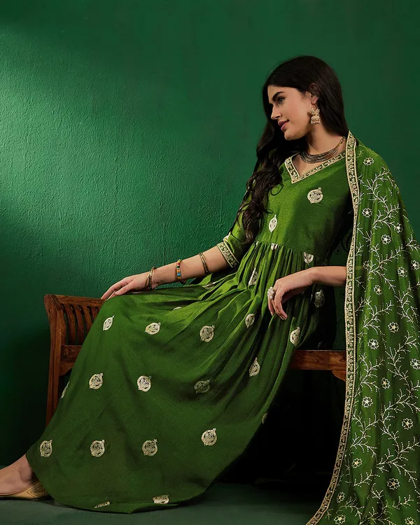 Green_Vichitra_Zari_Sequence_Embroidery_With_Printed_A_Line_Kurta_With_Pant_And_Dupatta_Set