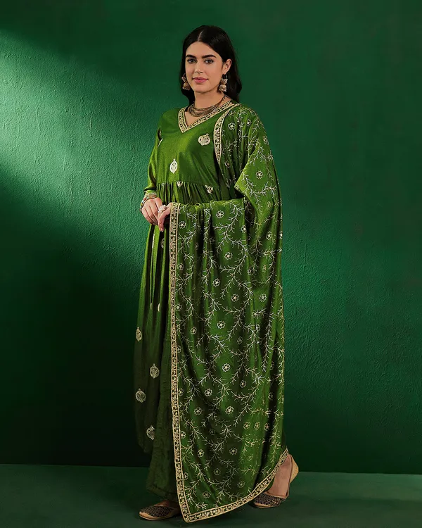 Green_Vichitra_Zari_Sequence_Embroidery_With_Printed_A_Line_Kurta_With_Pant_And_Dupatta_Set