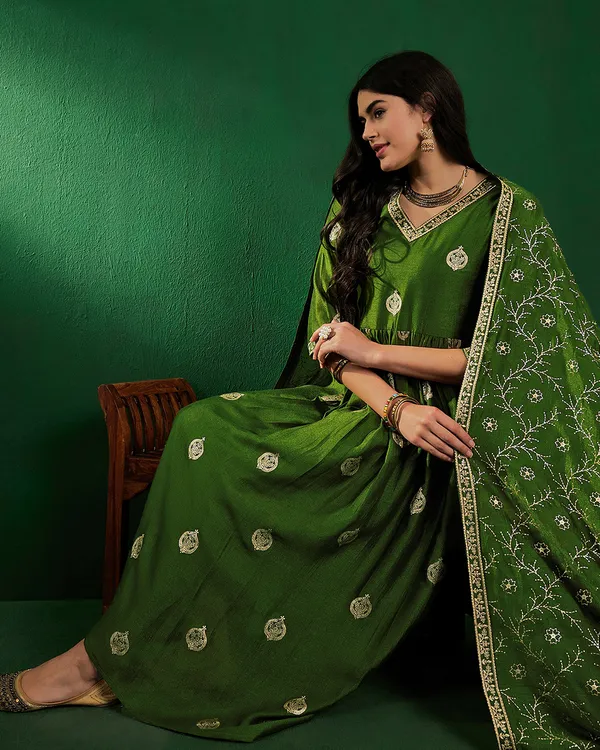 Green_Vichitra_Zari_Sequence_Embroidery_With_Printed_A_Line_Kurta_With_Pant_And_Dupatta_Set