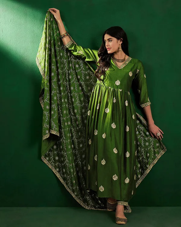 Green_Vichitra_Zari_Sequence_Embroidery_With_Printed_A_Line_Kurta_With_Pant_And_Dupatta_Set