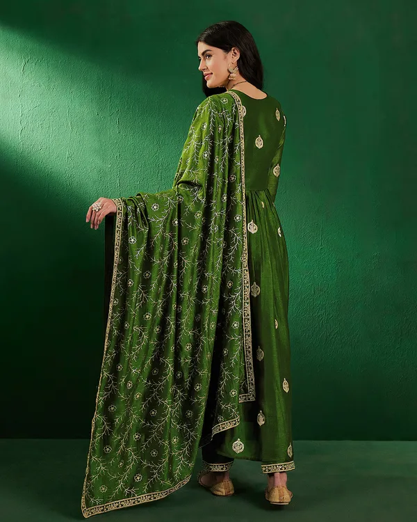 Green_Vichitra_Zari_Sequence_Embroidery_With_Printed_A_Line_Kurta_With_Pant_And_Dupatta_Set