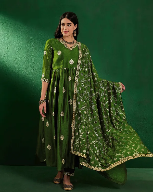 Green_Vichitra_Zari_Sequence_Embroidery_With_Printed_A_Line_Kurta_With_Pant_And_Dupatta_Set